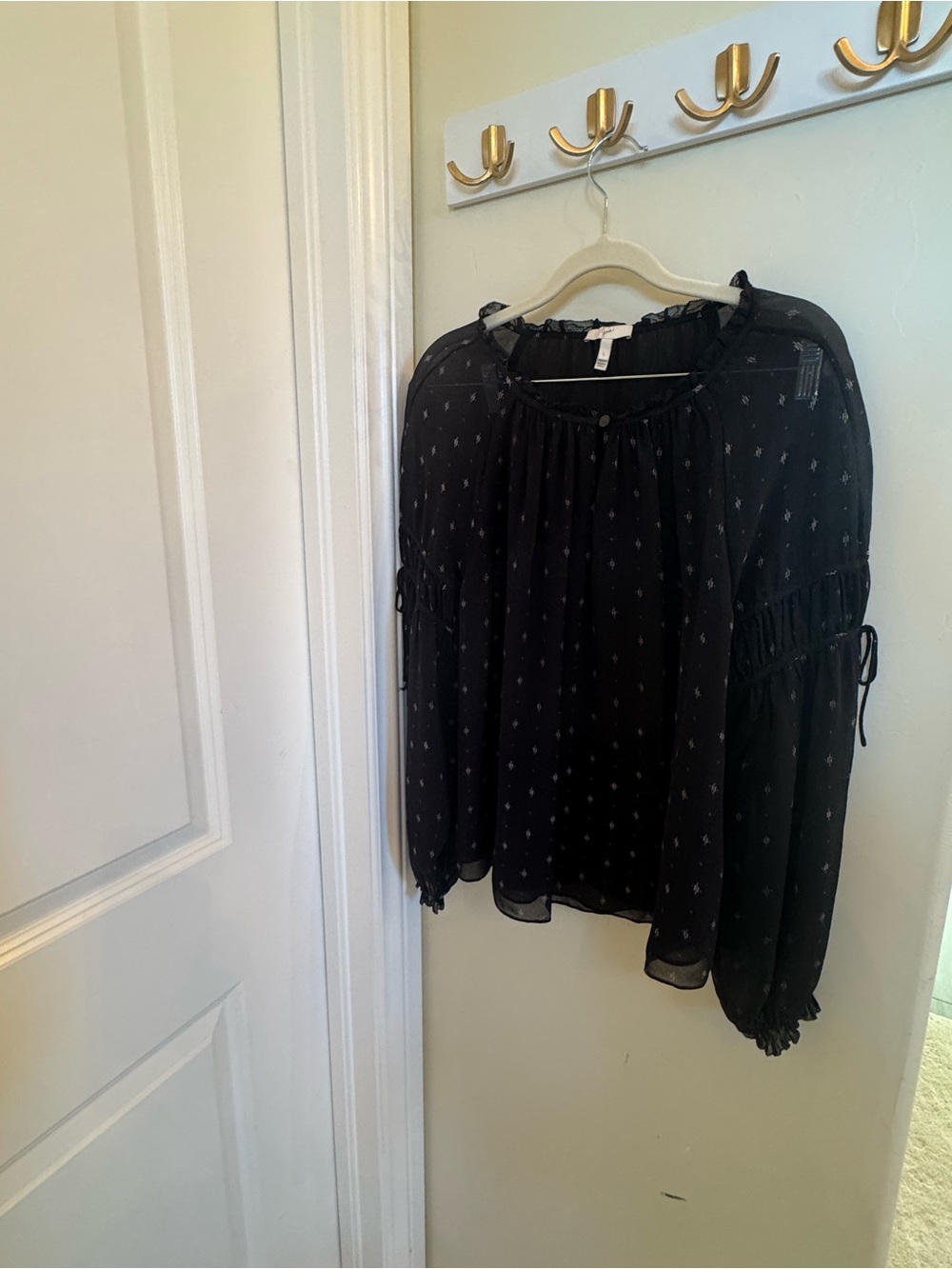 Joie Black Geometric Print Ruffle Blouse L Sheer Balloon Sleeves Tie Detail